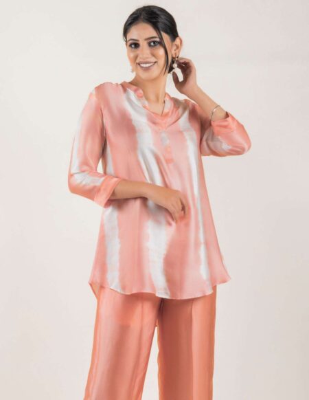 Women’s Cotton Tie Dye Print Two-Piece Lounge Set Button-Down Tunic with Palazzo Pants Resort Wear ( Peach )