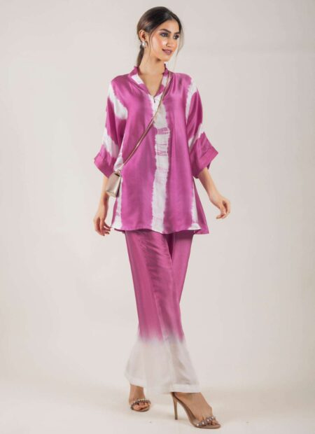 Women’s Cotton Tie Dye Print Two-Piece Lounge Set Tunic with Wide-Leg Pants, Resort Wear ( Purple White )